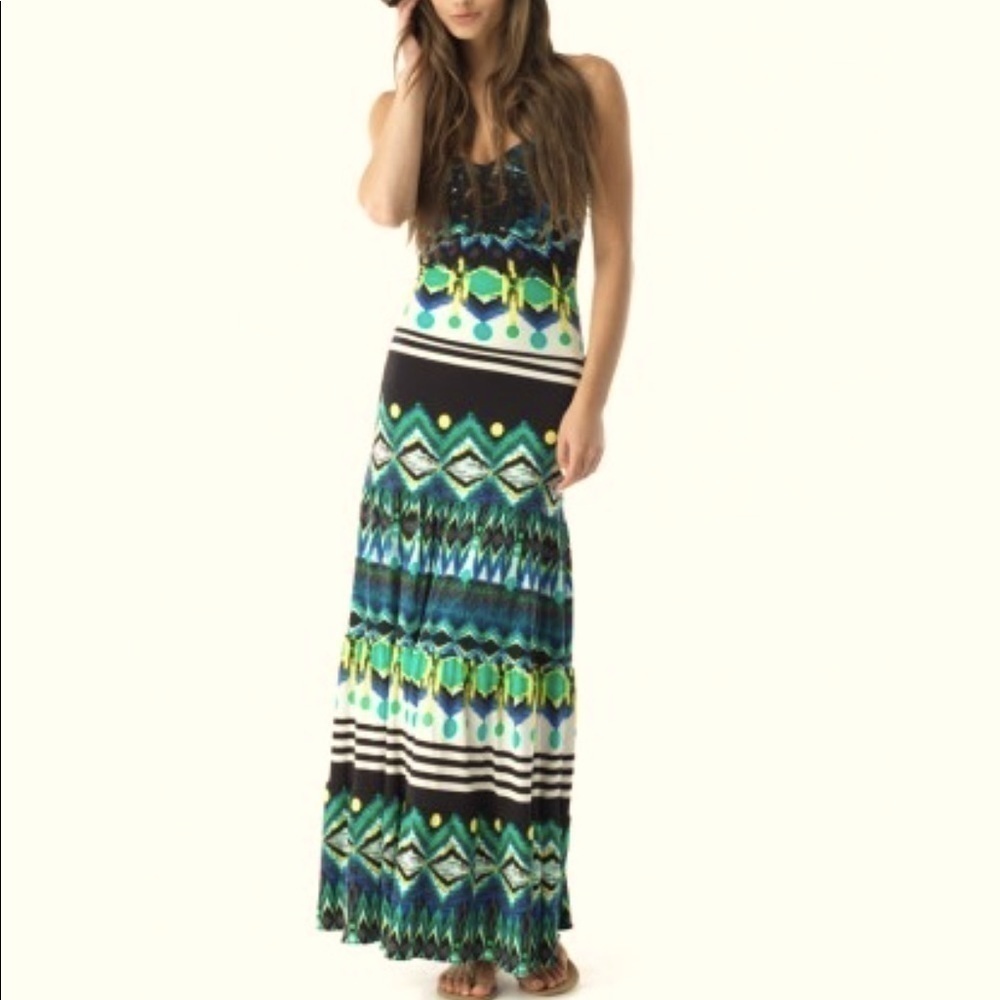 FASHION NOVA Green medallion tribal maxi dress XS